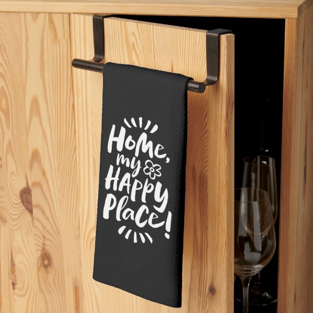 HOME my Happy Place! Lettering Elegant Black Tea Towel (Thirds Fold)