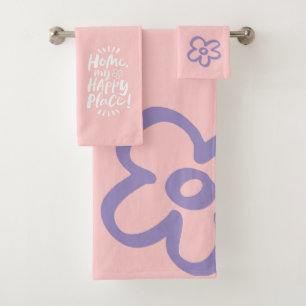 HOME my Happy Place!  Lettering Flower Pink Bath Towel Set