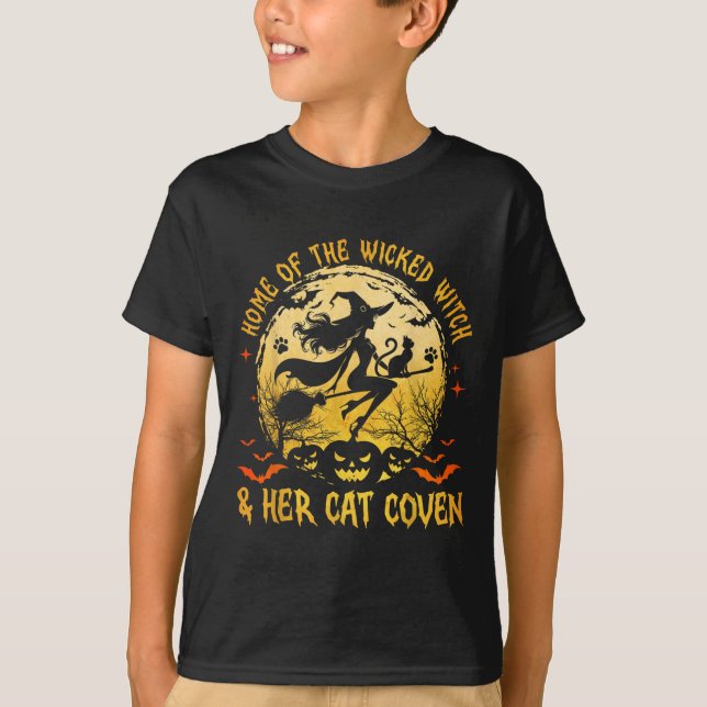 Home Of The Wicked And Her Cat Funny Witch Hallowe T-Shirt (Front)