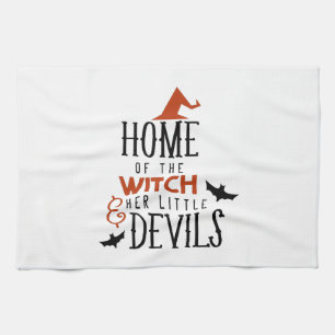 home of the witch and her little devils Halloween Tea Towel