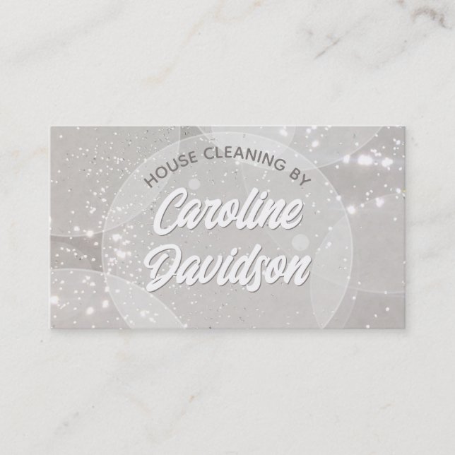 Home & office cleaning service white glitter business card (Front)