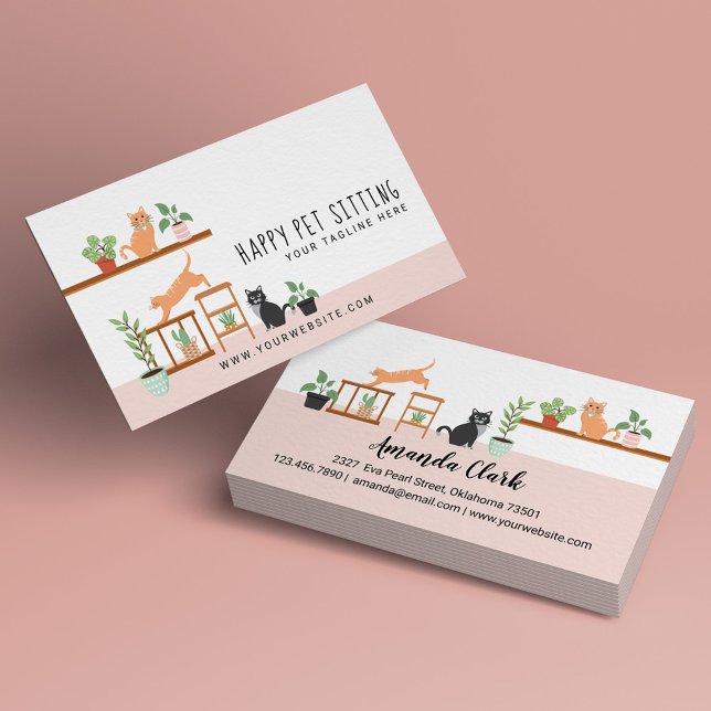 Home Pet Sitting Loveable Happy Cat & House Plants Business Card (Creator Uploaded)