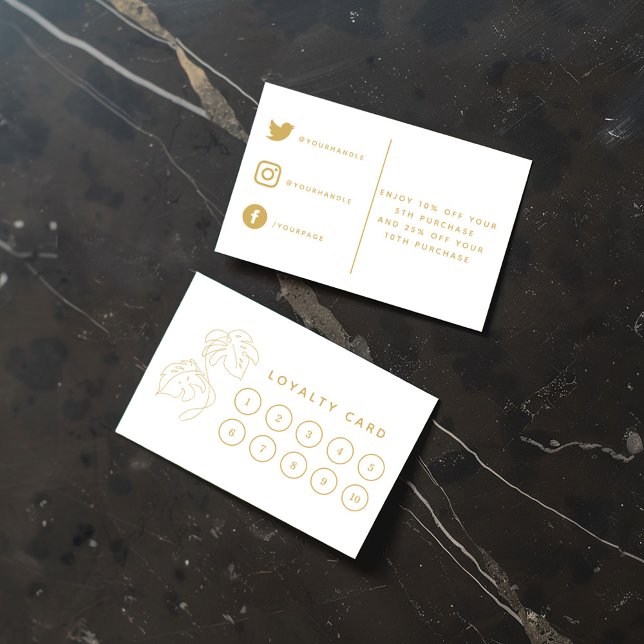 Home plant shop, modern gold loyalty card. card (Modern white and gold loyalty card with monstera leaf icons and social media details)