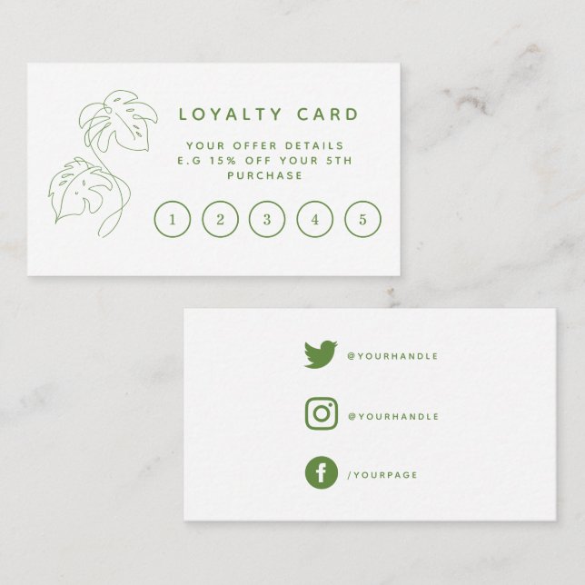Home plant shop, modern green loyalty card. (Front/Back)
