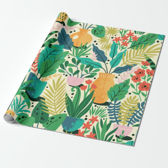 Home plants in ceramic pots seamless pattern. Dome Wrapping Paper (Unrolled)