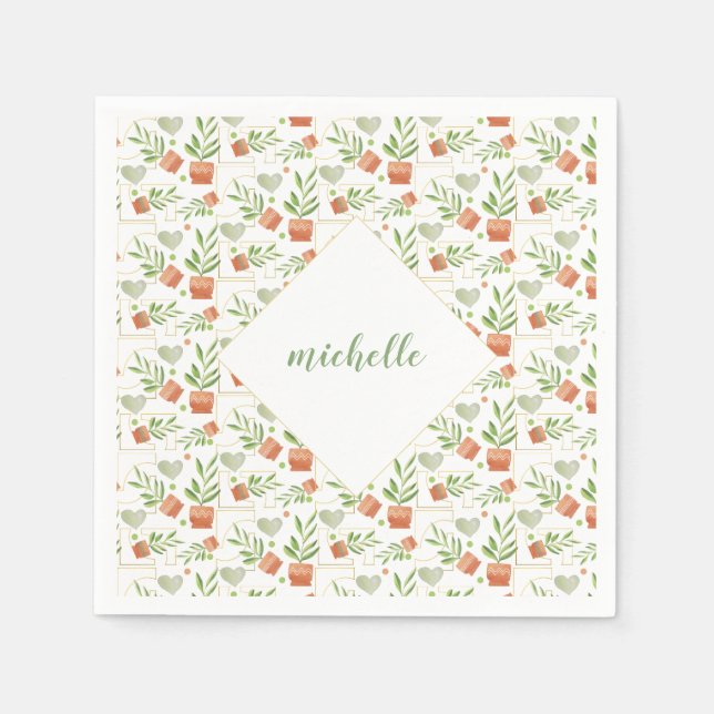 Home Plants In Ceramic Pots Watercolor Pattern Napkin (Front)
