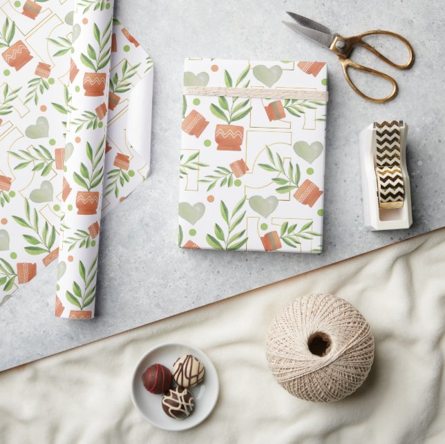 Home Plants In Ceramic Pots Watercolor Pattern Wrapping Paper (Crafts)
