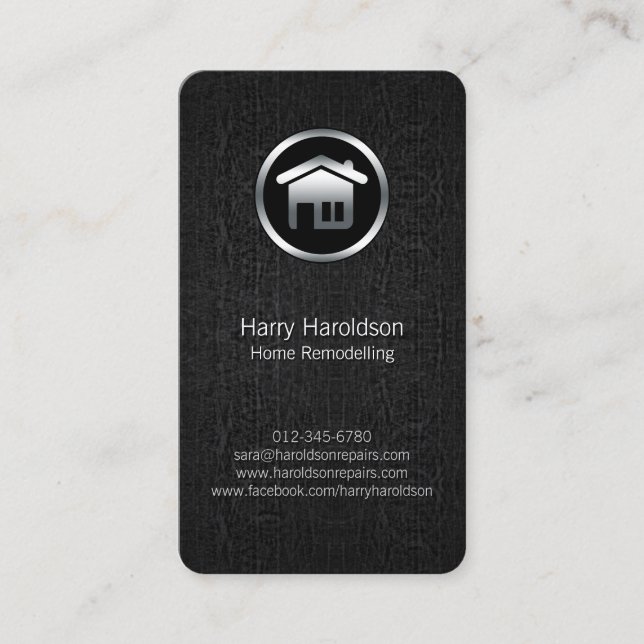 Home Remodelling Silver House Icon Black Business Card (Front)