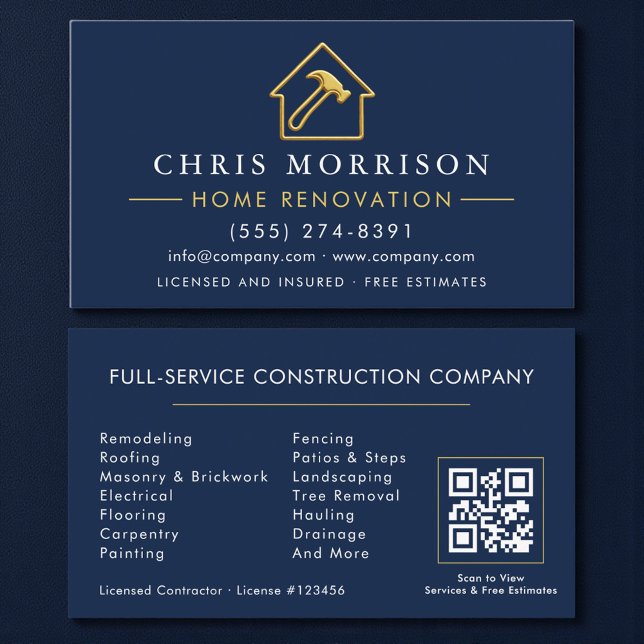 Home Renovation Metallic Navy Blue Gold QR Code Business Card (Creator Uploaded)