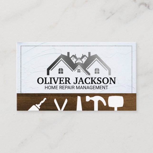 Home Repair | Construction | Metallic Roof Logo Business Card (Front)