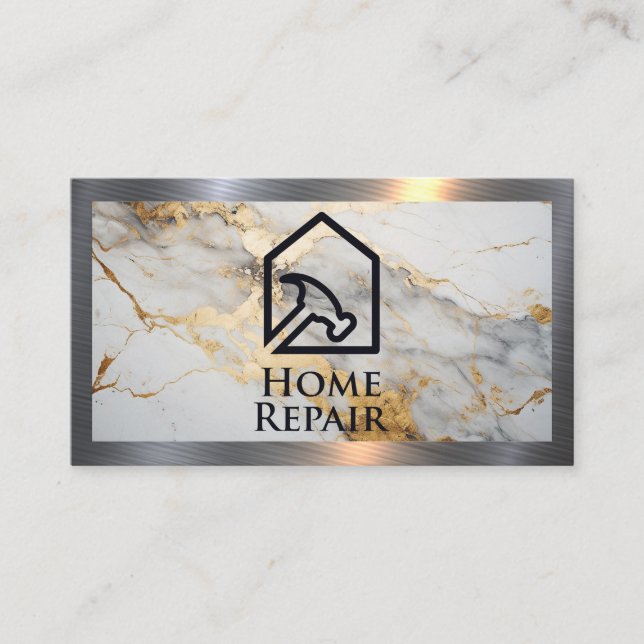 Home Repair Hammer Logo | Marble Metal Border Business Card (Front)