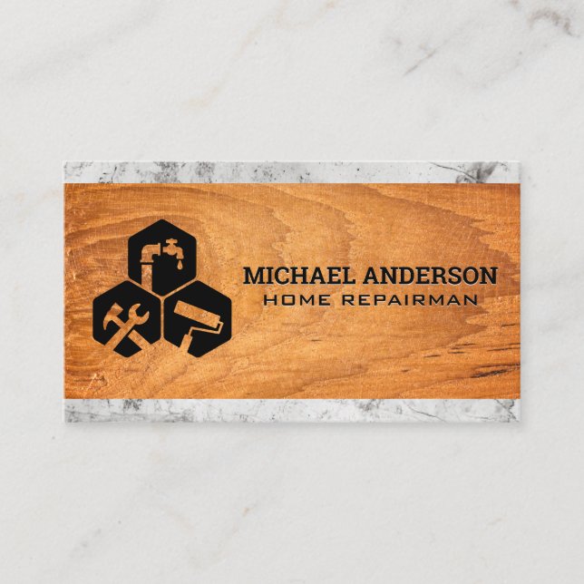 Home Repair Icons | Wood Marble Business Card (Front)