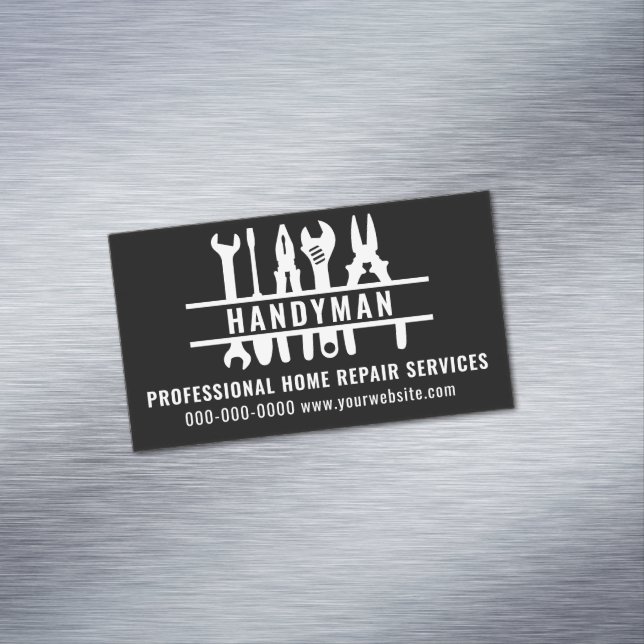 Home Repair Services Black & White Handyman Magnetic Business Card (In Situ)