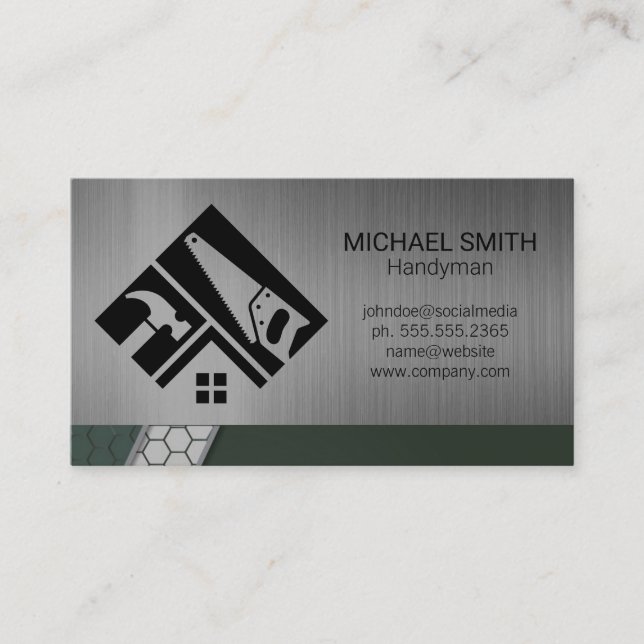 Home Repair Tools | Metallic Brushed Background Business Card (Front)