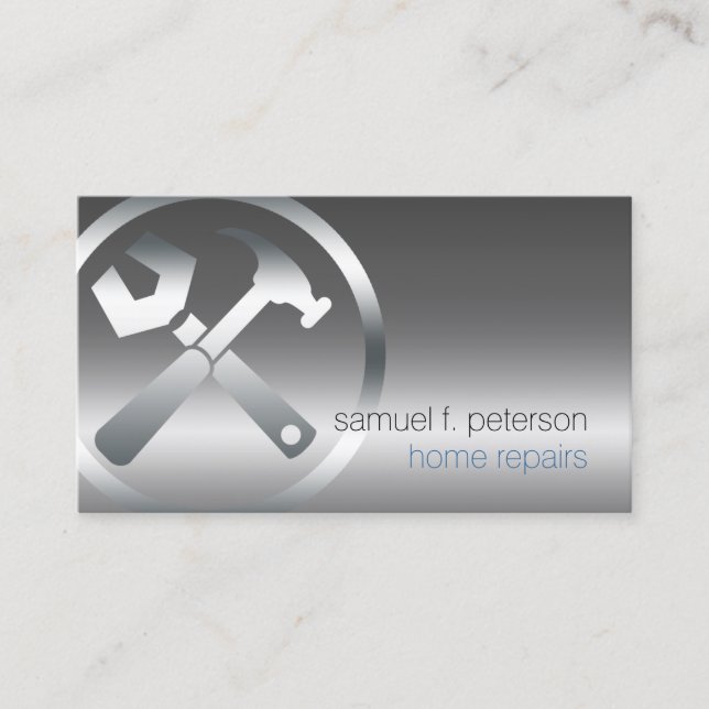 Home Repairs Bold Chrome Repair Tools Icon Silver Business Card (Front)