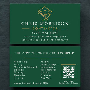 Home Repairs Contractor Green Gold QR Code Business Card