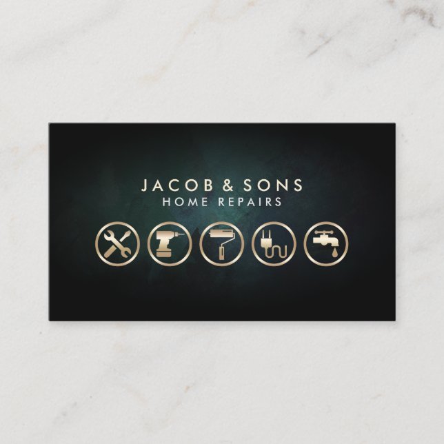 Home Repairs Gold Icons Turquoise Grunge Texture Business Card (Front)