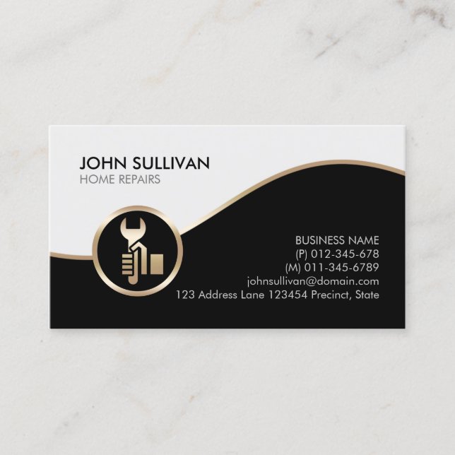 Home Repairs Handyman Faux Gold Wrench Icon Busine Business Card (Front)