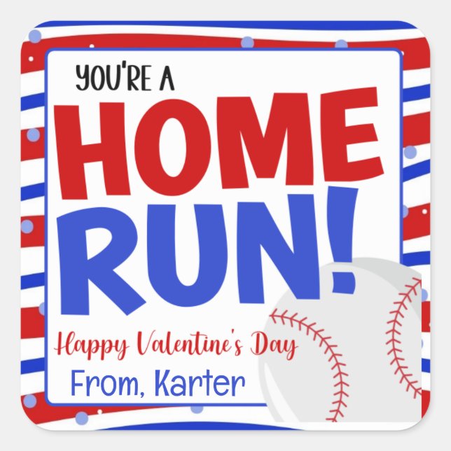 Home Run Baseball Valentine's Day Square Sticker (Front)