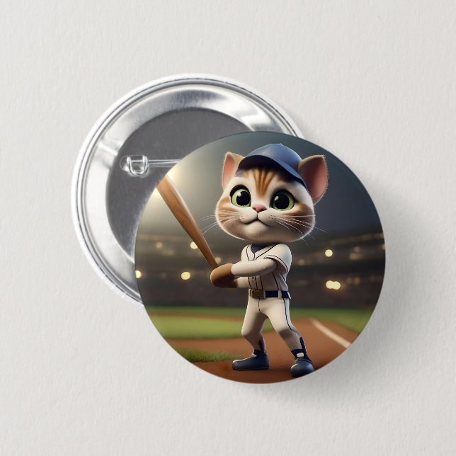 Home Run Hitter: The 3D Baseball Cat Takes a Swing 6 Cm Round Badge (Front & Back)