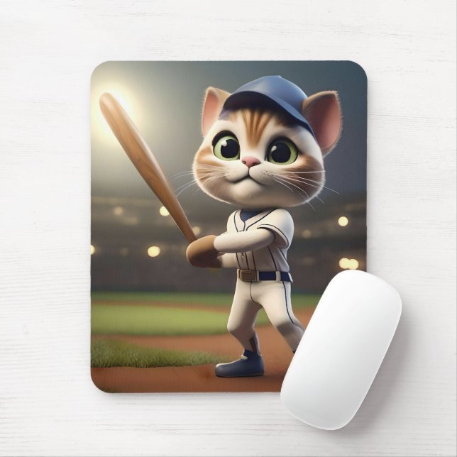Home Run Hitter: The 3D Baseball Cat Takes a Swing Mouse Mat (With Mouse)