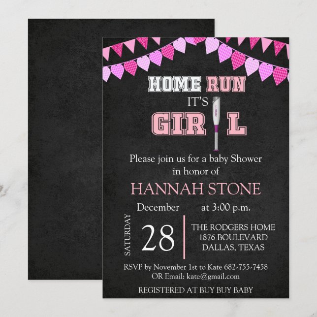 Home Run it's A Girl Baby Shower Invitation (Front/Back)