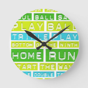 Home Run, Play Ball, Green, Blue and White Round Clock