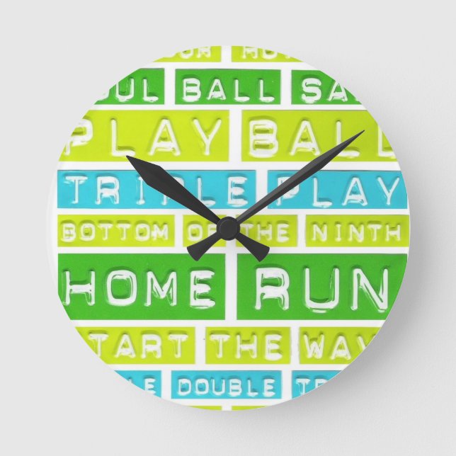 Home Run, Play Ball, Green, Blue and White Round Clock (Front)