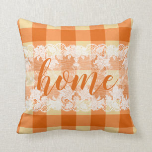 Home script gingham orange farmhouse pattern cushion