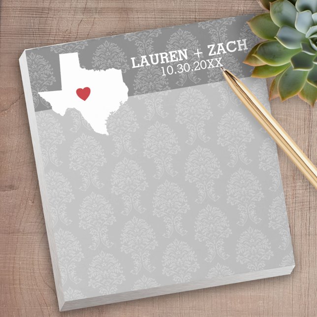 Home State Map Art - Custom Wedding Texas Notepad (Personalized Notepad - a fun gift or useful promotional product)