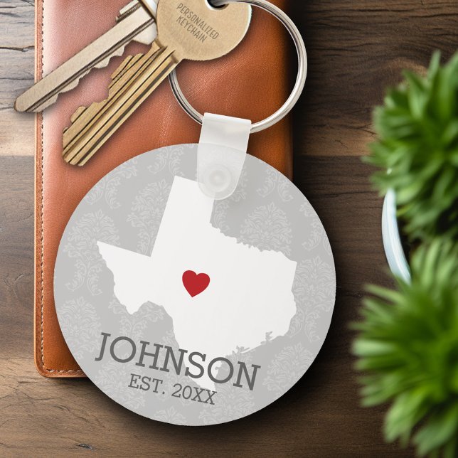 Home State Map Art - Texas Heart Key Ring (Personalized Keychain - Texas)