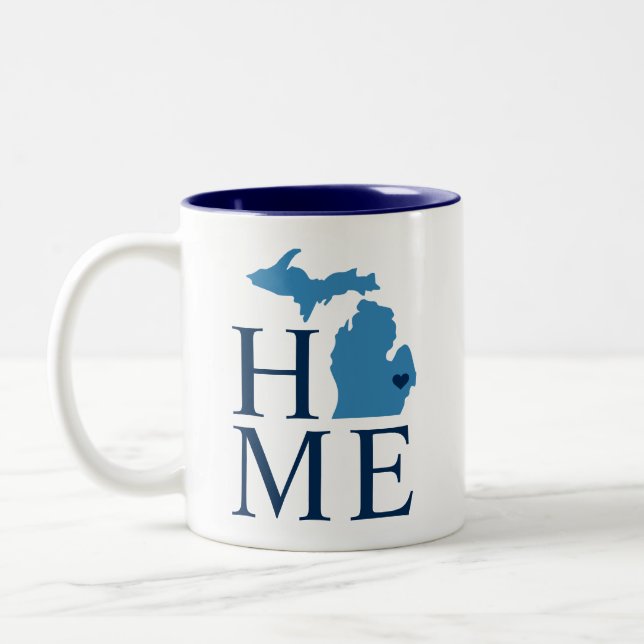 Home State of Michigan Blue City Heart Two-Tone Coffee Mug (Left)