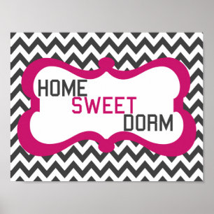 Home Sweet Dorm Grey & Pink Chevron Wall Art Print