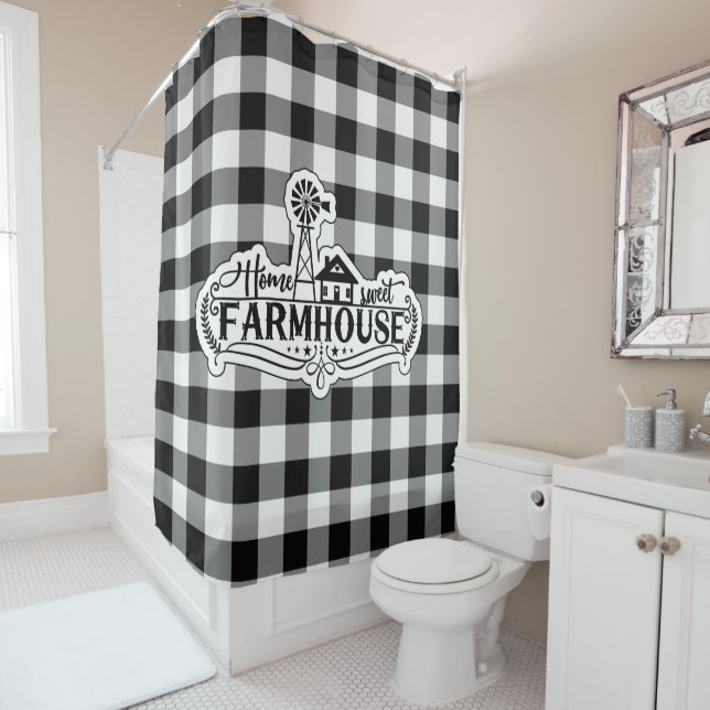 Home Sweet Farmhouse Black and White Buffalo Plaid Shower Curtain (In Situ)