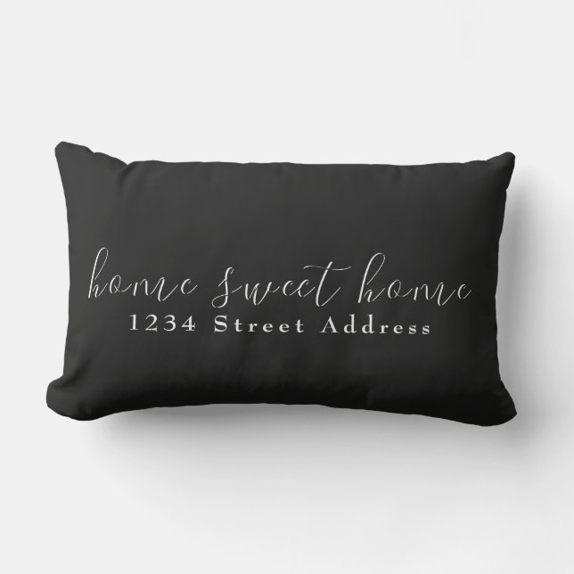 Home Sweet Home & Address | Script | Black & White Lumbar Cushion (Front)