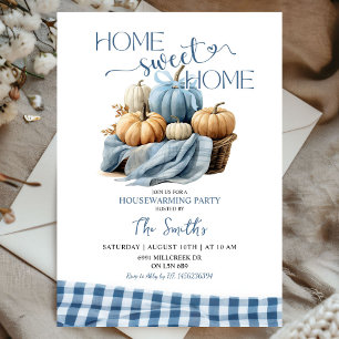 Home Sweet Home Blue Gingham Pumpkin Housewarming Invitation