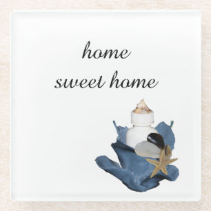Home sweet home blue seashell bouquet coastal  glass coaster