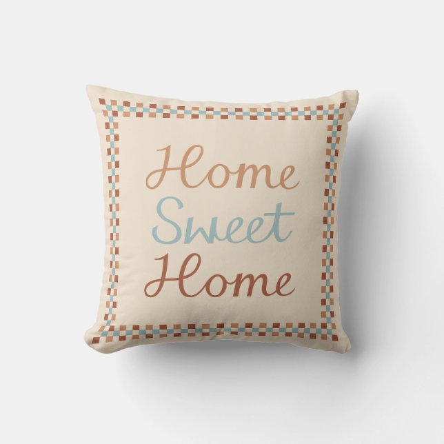 Home Sweet Home & Checks Blue Crm Terracottas Cushion (Front)