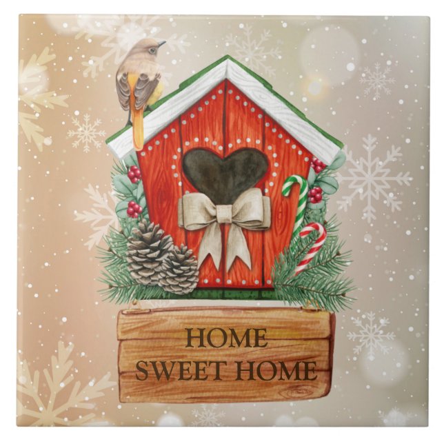 Home Sweet Home Christmas Bird House Tile (Front)