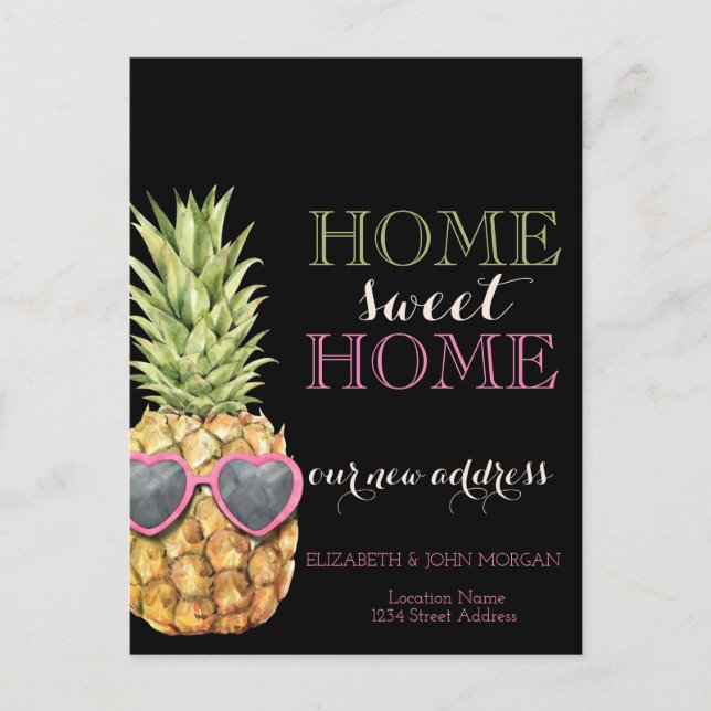 Home Sweet Home,Cool Pineapple,Black New Address  Announcement Postcard (Front)