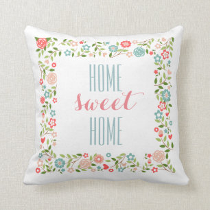 Home Sweet Home Coral Teal Floral Wreath Pattern Cushion