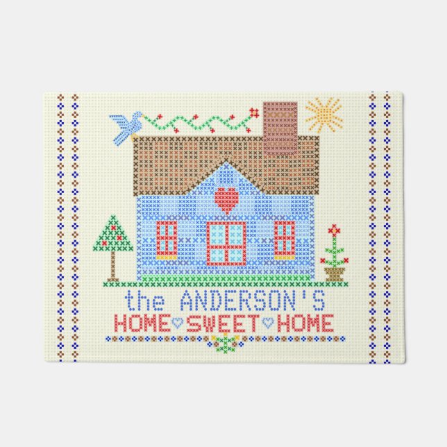Home Sweet Home Cross Stitch House | Family Name Doormat (Front)