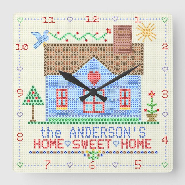 Home Sweet Home Cross Stitch House | Family Name Square Wall Clock (Front)