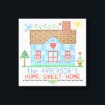 Home Sweet Home Cross Stitch House Personalised Canvas Print<br><div class="desc">This personalised country house design is made to resemble a vintage cross stitch embroidery sampler. It shows a blue house made of "x"s with a bird, the sun and plenty of hearts and flowers in the same style. The background is beige with a slight check pattern to look like embroidery...</div>