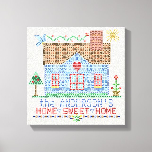 Home Sweet Home Cross Stitch House Personalised Canvas Print (Front)