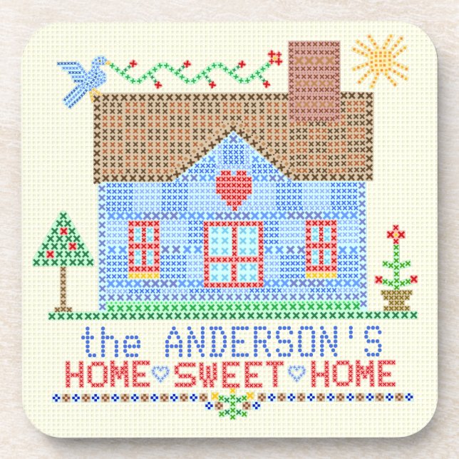 Home Sweet Home Cross Stitch House Personalised Coaster (Front)