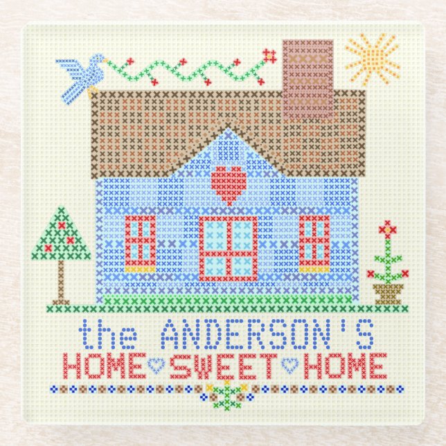 Home Sweet Home Cross Stitch House Personalised Glass Coaster (Front)