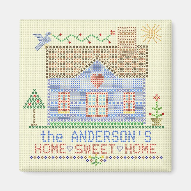Home Sweet Home Cross Stitch House Personalised Magnet (Front)