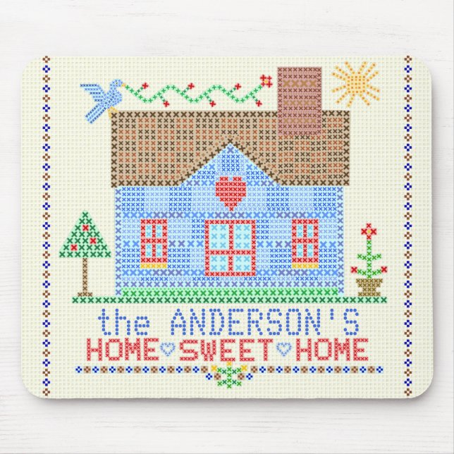 Home Sweet Home Cross Stitch House Personalised Mouse Mat (Front)