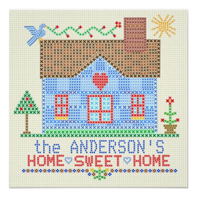 Home Sweet Home Cross Stitch House Personalised Poster (Front)